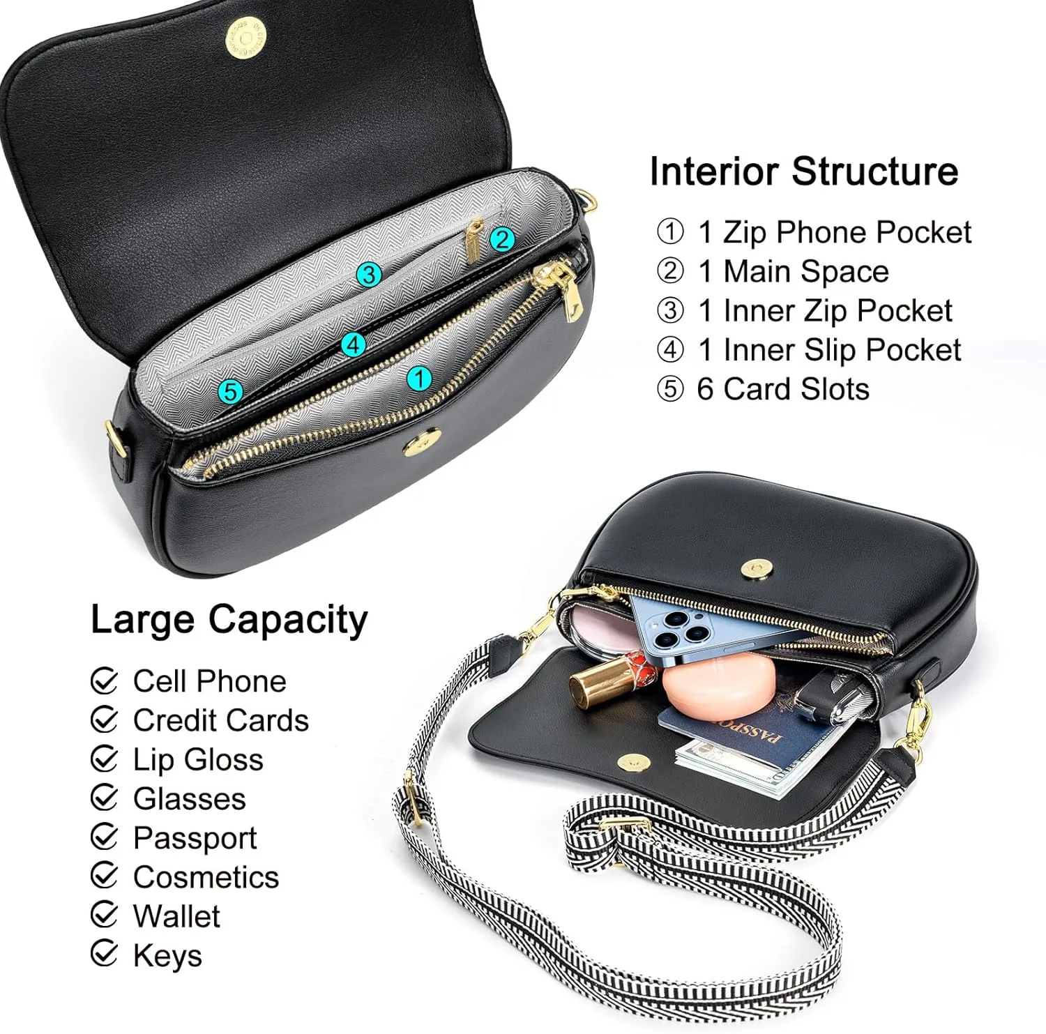 RONSIN Flap Saddle Bag for Women Crossbody Wallet Purse with RFID Card Saddle Purse Adjustable Strap Crossbody Bags