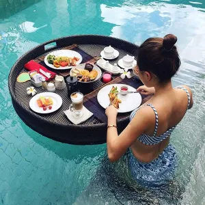 Round Tray, Floating Breakfast Tray, Used for Hotel Water Rattan Baskets, Open-air Afternoon Tea Tray (Black)