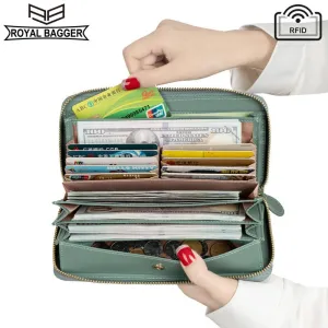 Royal Bagger New RFID Zipper Long Wallets for Women Genuine Cow Leather Large Capasity Ladies Clutch Bag Multifunction Casual Girl Card Holders Coin Purse Phone Bag