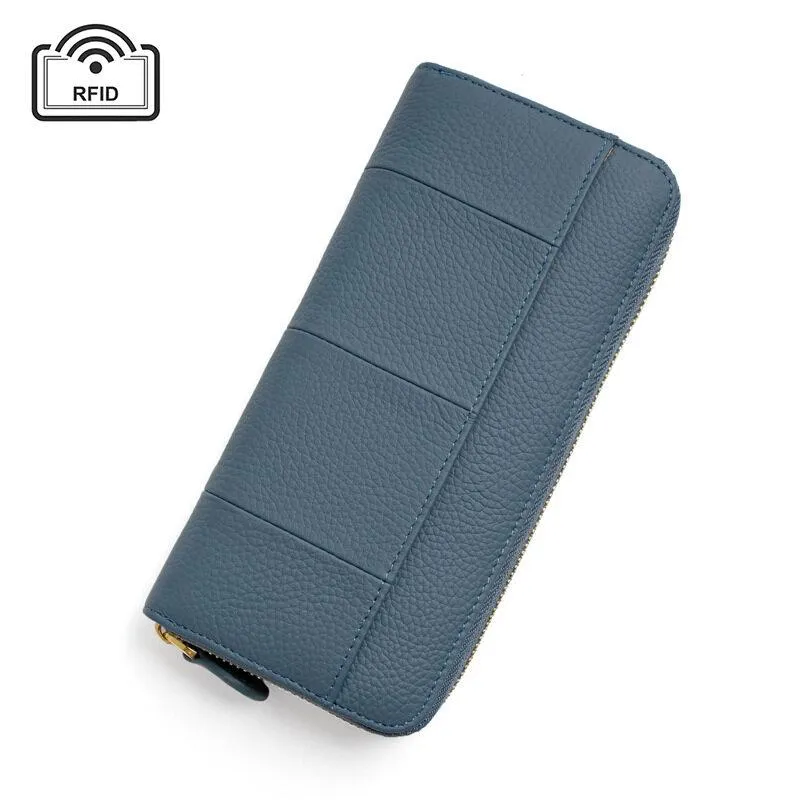 Royal Bagger New RFID Zipper Long Wallets for Women Genuine Cow Leather Large Capasity Ladies Clutch Bag Multifunction Casual Girl Card Holders Coin Purse Phone Bag