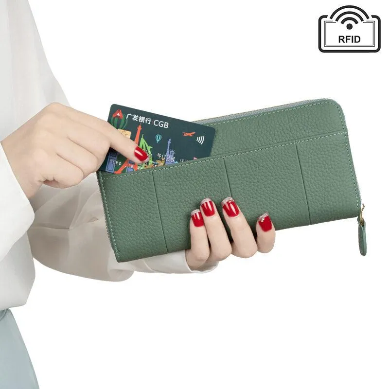 Royal Bagger New RFID Zipper Long Wallets for Women Genuine Cow Leather Large Capasity Ladies Clutch Bag Multifunction Casual Girl Card Holders Coin Purse Phone Bag