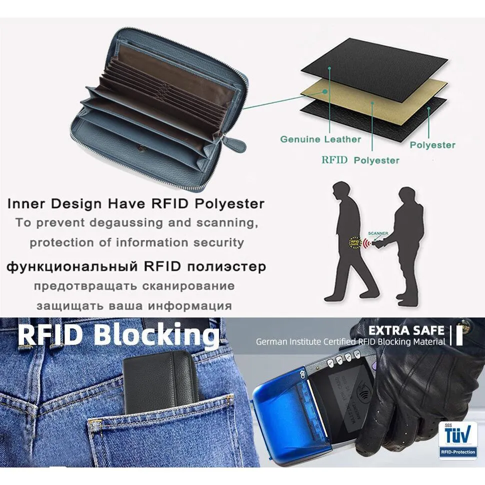 Royal Bagger New RFID Zipper Long Wallets for Women Genuine Cow Leather Large Capasity Ladies Clutch Bag Multifunction Casual Girl Card Holders Coin Purse Phone Bag