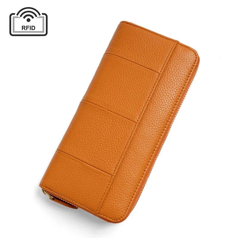 Royal Bagger New RFID Zipper Long Wallets for Women Genuine Cow Leather Large Capasity Ladies Clutch Bag Multifunction Casual Girl Card Holders Coin Purse Phone Bag