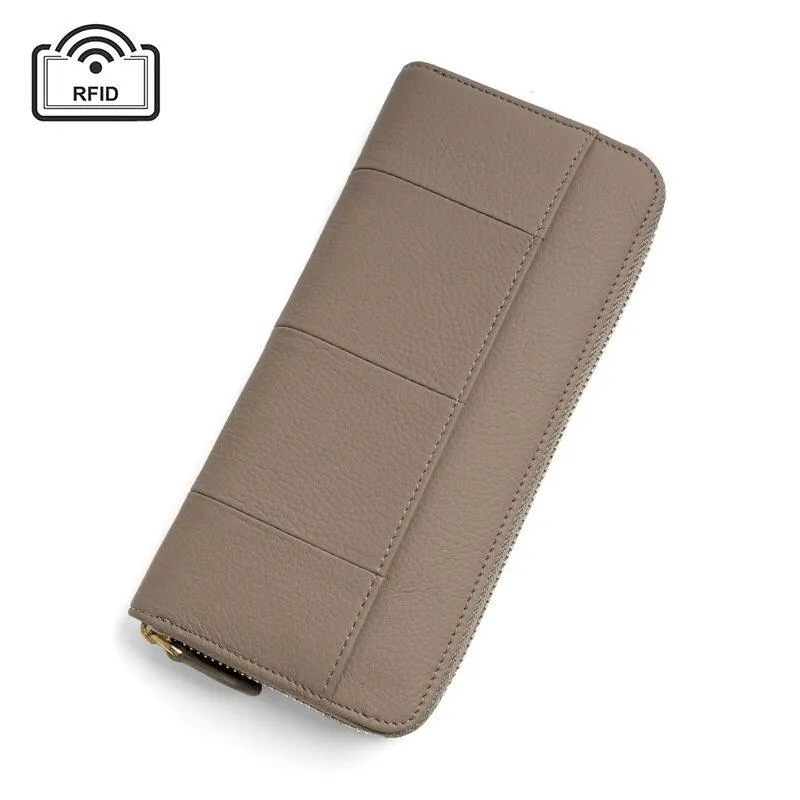 Royal Bagger New RFID Zipper Long Wallets for Women Genuine Cow Leather Large Capasity Ladies Clutch Bag Multifunction Casual Girl Card Holders Coin Purse Phone Bag