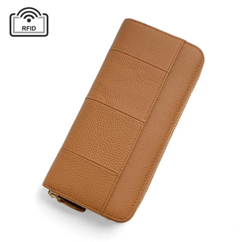 Royal Bagger New RFID Zipper Long Wallets for Women Genuine Cow Leather Large Capasity Ladies Clutch Bag Multifunction Casual Girl Card Holders Coin Purse Phone Bag