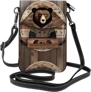 Rustic Lodge Bear Women'S With Tassel Small Crossbody Leather Cell Phone Bag Purse For Walking Camping Shopping Dating