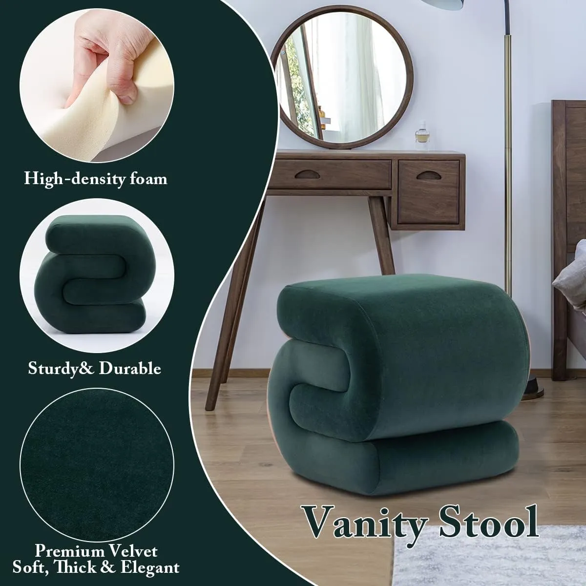 S-Shape Velvet Ottoman, Vanity Chair Upholstered Footrest Ottoman Stool Dressing Chair Makeup Rest Vanity Stool for Makeup, Living Room, Bedroom(Dark Green)