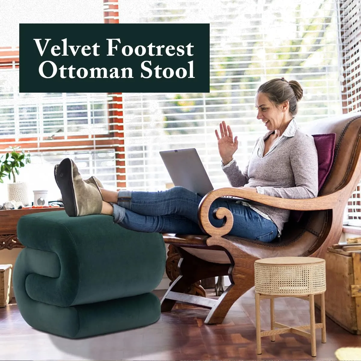 S-Shape Velvet Ottoman, Vanity Chair Upholstered Footrest Ottoman Stool Dressing Chair Makeup Rest Vanity Stool for Makeup, Living Room, Bedroom(Dark Green)