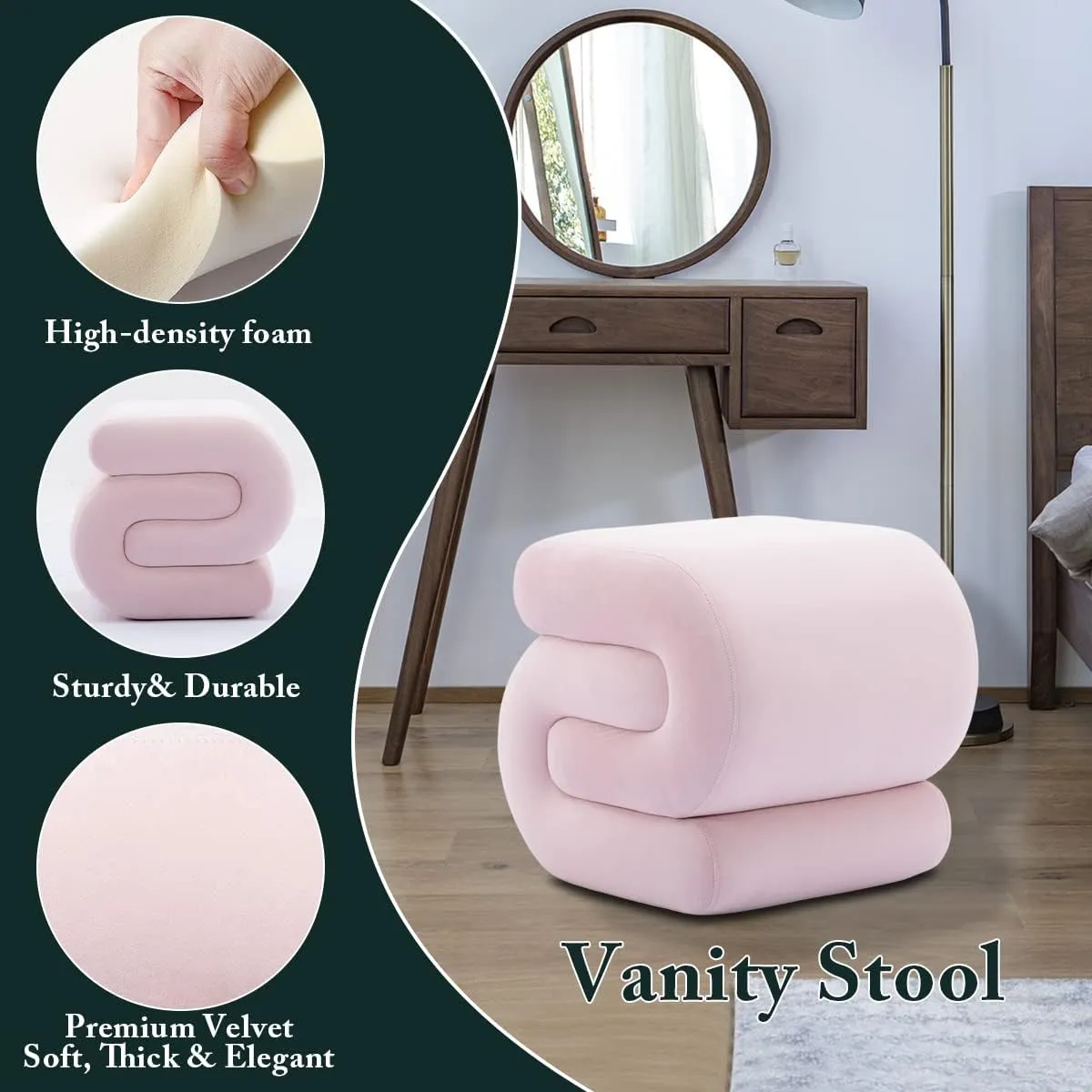 S-Shape Velvet Ottoman, Vanity Chair Upholstered Footrest Ottoman Stool Dressing Chair Makeup Rest Vanity Stool for Makeup, Living Room, Bedroom(Light Pink)