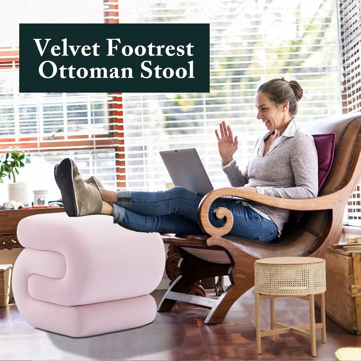 S-Shape Velvet Ottoman, Vanity Chair Upholstered Footrest Ottoman Stool Dressing Chair Makeup Rest Vanity Stool for Makeup, Living Room, Bedroom(Light Pink)