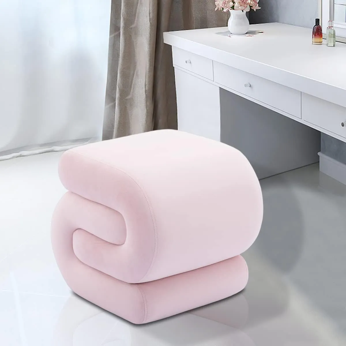 S-Shape Velvet Ottoman, Vanity Chair Upholstered Footrest Ottoman Stool Dressing Chair Makeup Rest Vanity Stool for Makeup, Living Room, Bedroom(Light Pink)