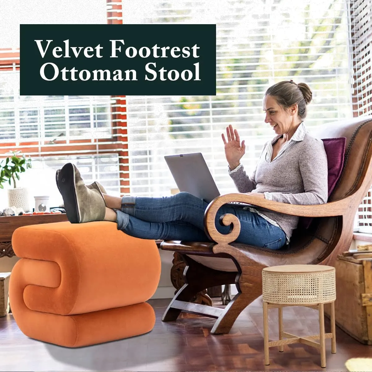 S-Shape Velvet Ottoman, Vanity Chair Upholstered Footrest Ottoman Stool Dressing Chair Makeup Rest Vanity Stool for Makeup, Living Room, Bedroom(Orange)