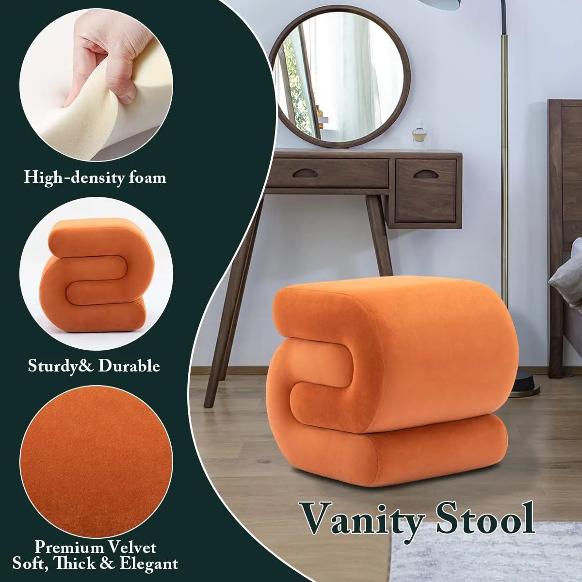 S-Shape Velvet Ottoman, Vanity Chair Upholstered Footrest Ottoman Stool Dressing Chair Makeup Rest Vanity Stool for Makeup, Living Room, Bedroom(Orange)