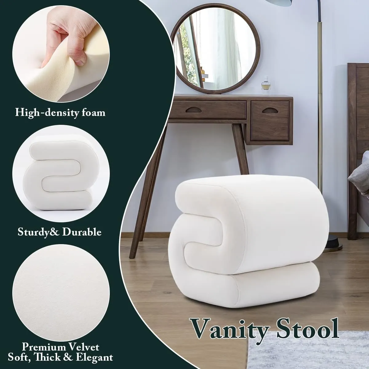 S-Shape Velvet Ottoman, Vanity Chair Upholstered Footrest Ottoman Stool Dressing Chair Makeup Rest Vanity Stool for Makeup, Living Room, Bedroom(White)