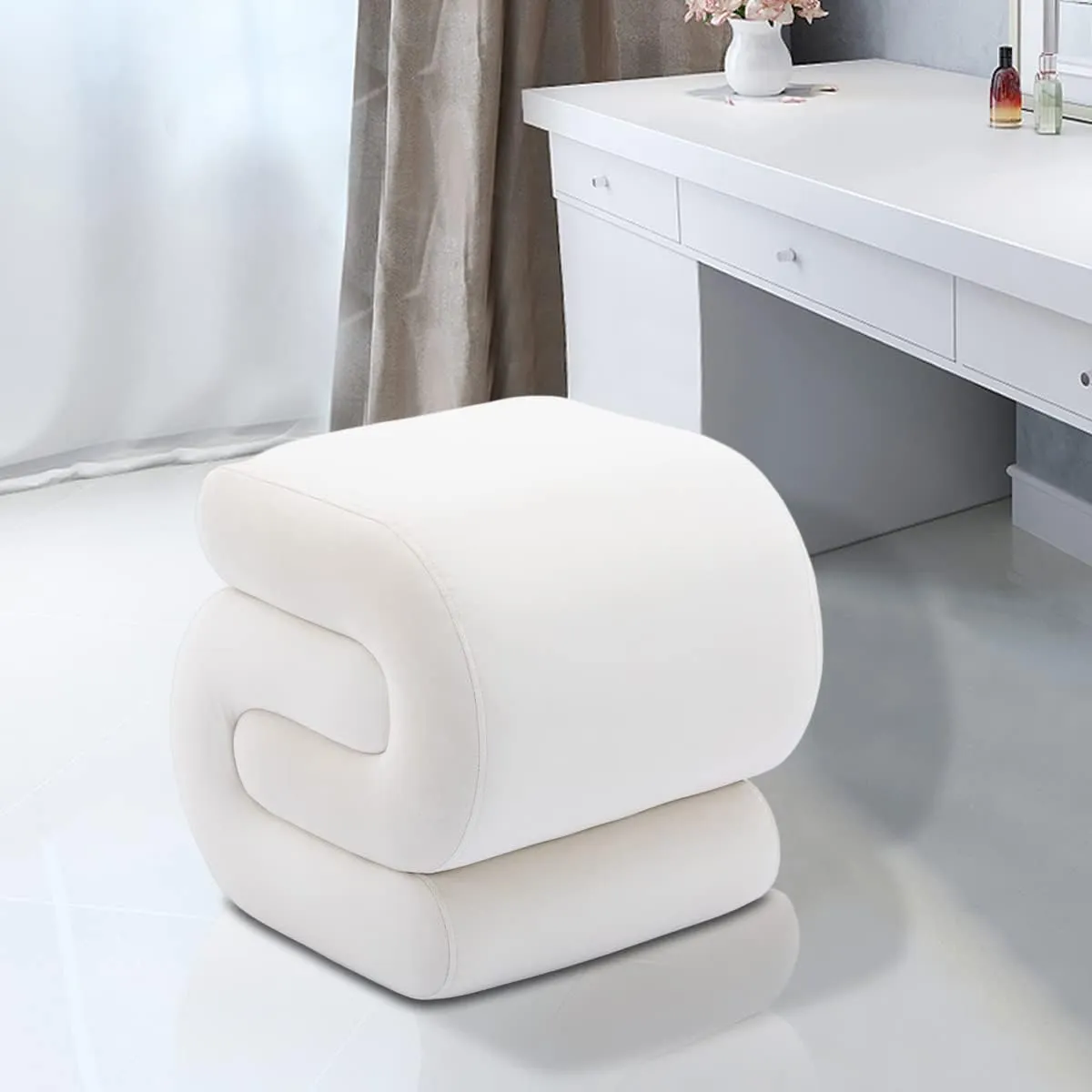 S-Shape Velvet Ottoman, Vanity Chair Upholstered Footrest Ottoman Stool Dressing Chair Makeup Rest Vanity Stool for Makeup, Living Room, Bedroom(White)