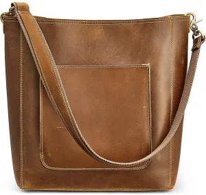 S-ZONE Women Vintage Genuine Leather Bucket Tote Bag Hobo Handbag Distressed Shoulder Purse