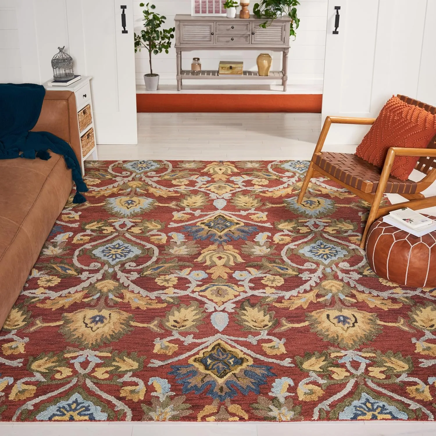 SAFAVIEH Blossom Collection Area Rug - 9' x 12', Red & Multi, Handmade French Country Floral Wool, Ideal for High Traffic Areas in Living Room, Bedroom (BLM402Q)