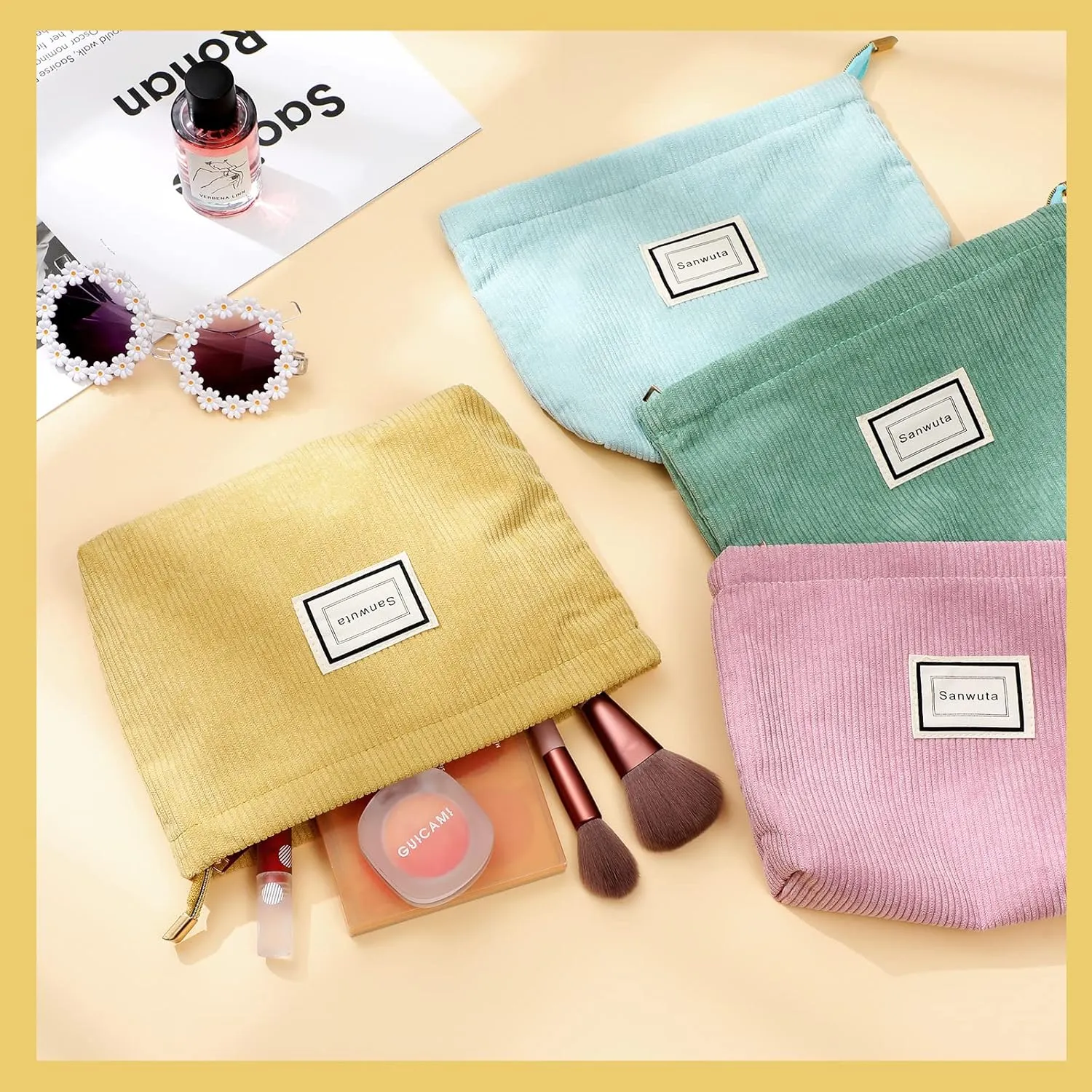 Sanwuta 4 Pack Velvet Makeup Bag Cosmetic Bag for Women Large Capacity Corduroy Pouch Zipper Canvas Travel Toiletry Purse Make up Organizer Case Accessories(Macaron Series,Plaid)