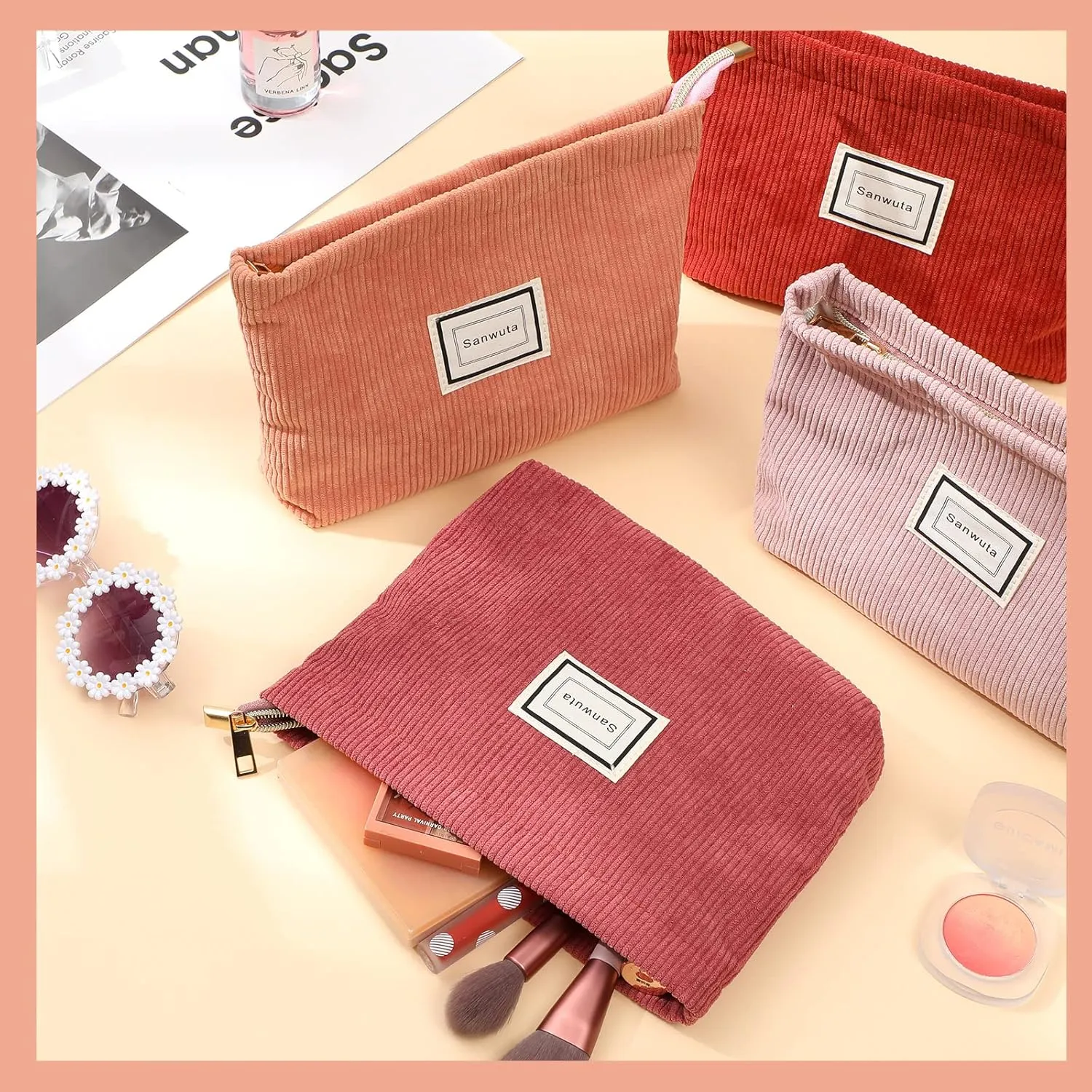 Sanwuta 4 Pack Velvet Makeup Bag Cosmetic Bag for Women Large Capacity Corduroy Pouch Zipper Canvas Travel Toiletry Purse Make up Organizer Case Accessories(Red Series,Plaid)