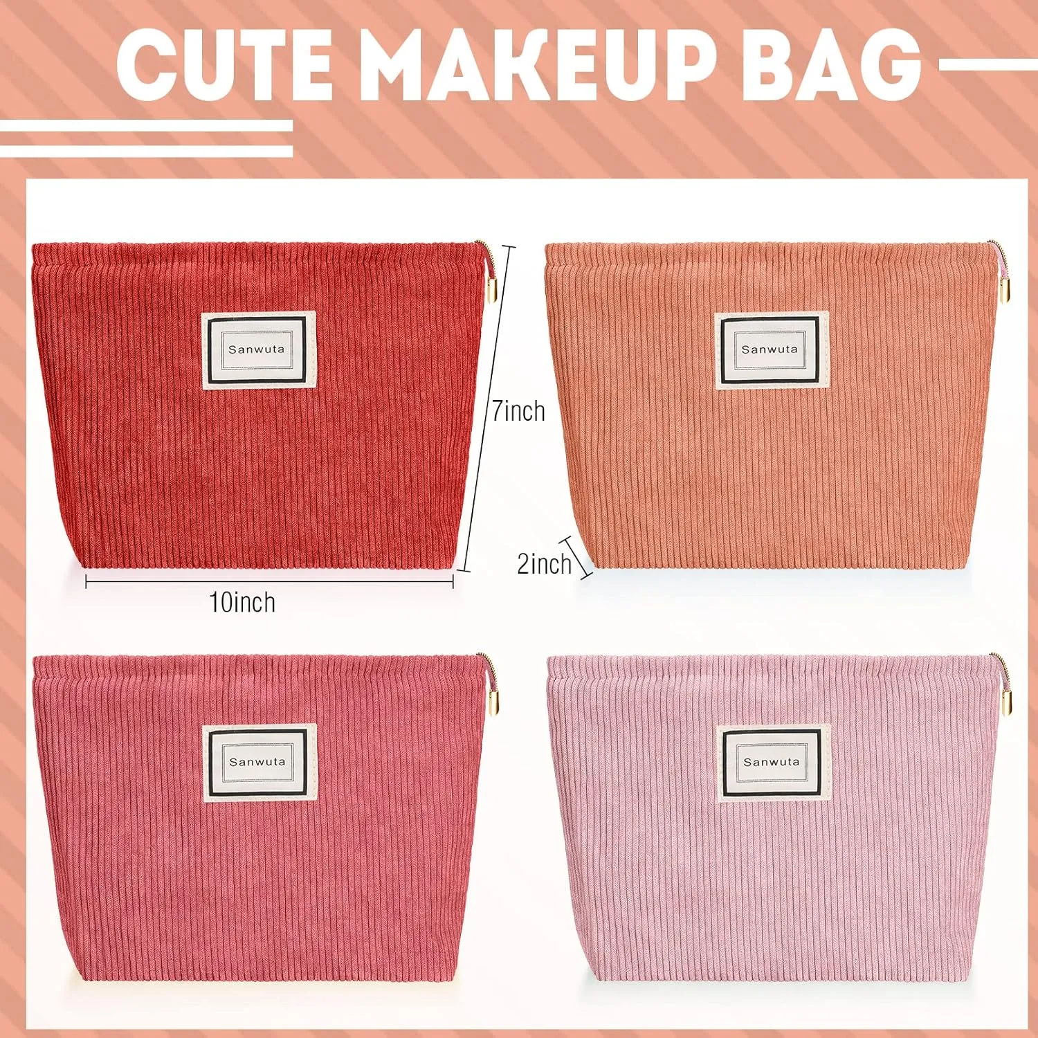 Sanwuta 4 Pack Velvet Makeup Bag Cosmetic Bag for Women Large Capacity Corduroy Pouch Zipper Canvas Travel Toiletry Purse Make up Organizer Case Accessories(Red Series,Plaid)