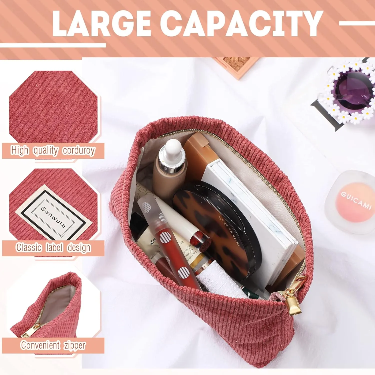 Sanwuta 4 Pack Velvet Makeup Bag Cosmetic Bag for Women Large Capacity Corduroy Pouch Zipper Canvas Travel Toiletry Purse Make up Organizer Case Accessories(Red Series,Plaid)