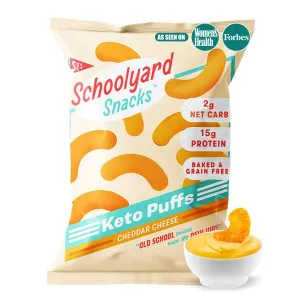 Schoolyard Keto Snacks - Low Carb, Low Sugar, 15g Protein Puffs (Cheddar Cheese)- Gluten Free, Healthy & Diabetic Friendly, High Protein, Low Calorie snacks for Kids & Adults, USA Made, 12 Pack