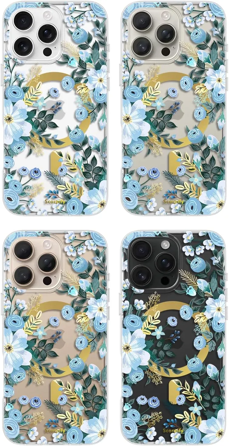 SCORPIFY for iPhone 16 Pro Case [Compatible with MagSafe] with Blue Nemophila Floral Design, Cute Clear Flower Magnetic Phone Cover for Women Girls, [Non Yellowing] Slim Bumper with Gold Accents