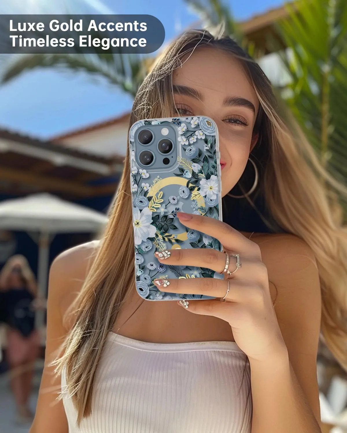 SCORPIFY for iPhone 16 Pro Case [Compatible with MagSafe] with Blue Nemophila Floral Design, Cute Clear Flower Magnetic Phone Cover for Women Girls, [Non Yellowing] Slim Bumper with Gold Accents