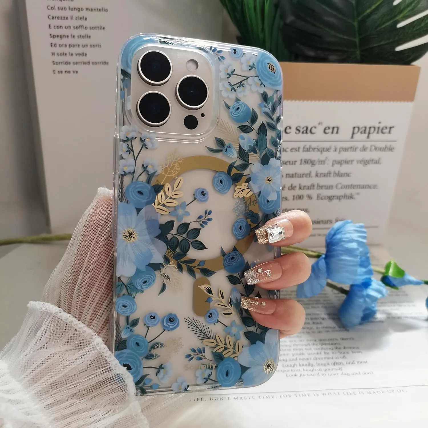 SCORPIFY for iPhone 16 Pro Case [Compatible with MagSafe] with Blue Nemophila Floral Design, Cute Clear Flower Magnetic Phone Cover for Women Girls, [Non Yellowing] Slim Bumper with Gold Accents