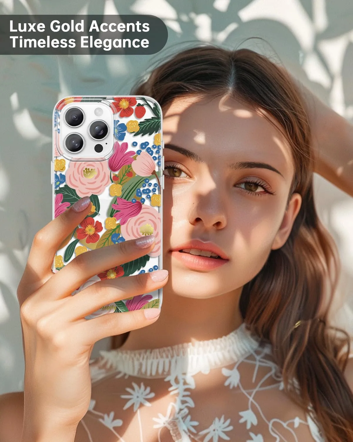 SCORPIFY for iPhone 16 Pro Case [Compatible with MagSafe] with Camellia Blossom Floral Design, Cute Clear Flower Magnetic Phone Cover for Women Girls, Slim Bumper with Gold Accents