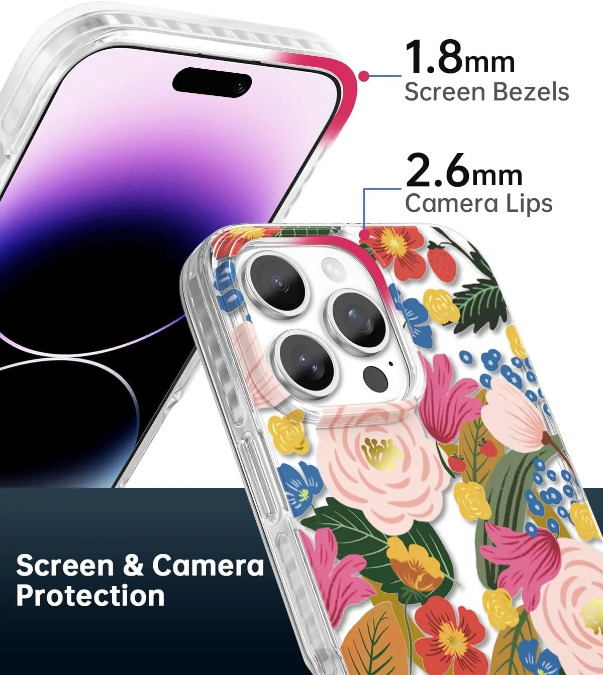 SCORPIFY for iPhone 16 Pro Case [Compatible with MagSafe] with Camellia Blossom Floral Design, Cute Clear Flower Magnetic Phone Cover for Women Girls, Slim Bumper with Gold Accents
