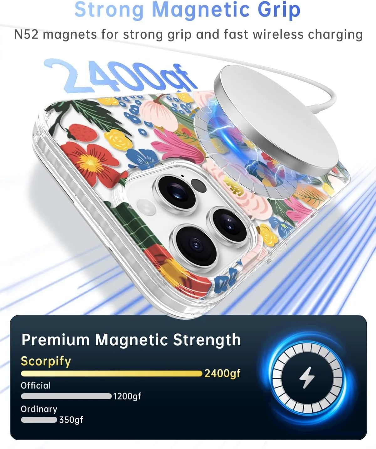SCORPIFY for iPhone 16 Pro Case [Compatible with MagSafe] with Camellia Blossom Floral Design, Cute Clear Flower Magnetic Phone Cover for Women Girls, Slim Bumper with Gold Accents