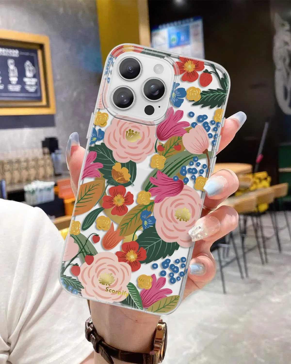 SCORPIFY for iPhone 16 Pro Case [Compatible with MagSafe] with Camellia Blossom Floral Design, Cute Clear Flower Magnetic Phone Cover for Women Girls, Slim Bumper with Gold Accents