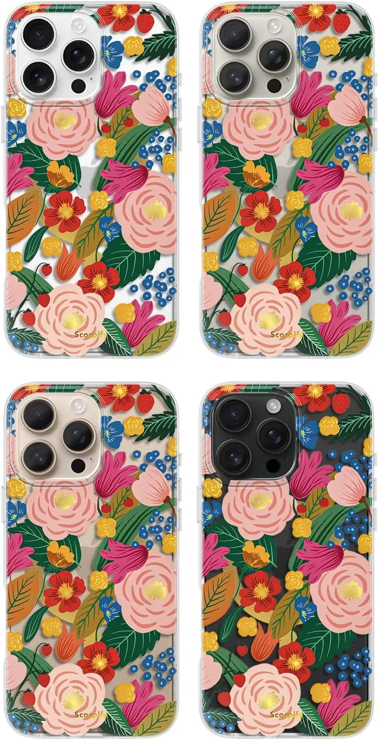 SCORPIFY for iPhone 16 Pro Case [Compatible with MagSafe] with Camellia Blossom Floral Design, Cute Clear Flower Magnetic Phone Cover for Women Girls, Slim Bumper with Gold Accents