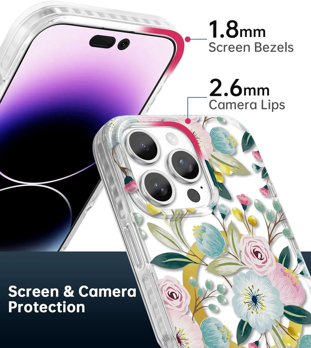 SCORPIFY for iPhone 16 Pro Case [Compatible with MagSafe] with Hibiscus Floral Design, Cute Clear Flower Magnetic Phone Cover for Women Girls, [Non Yellowing] Slim Bumper with Gold Accents