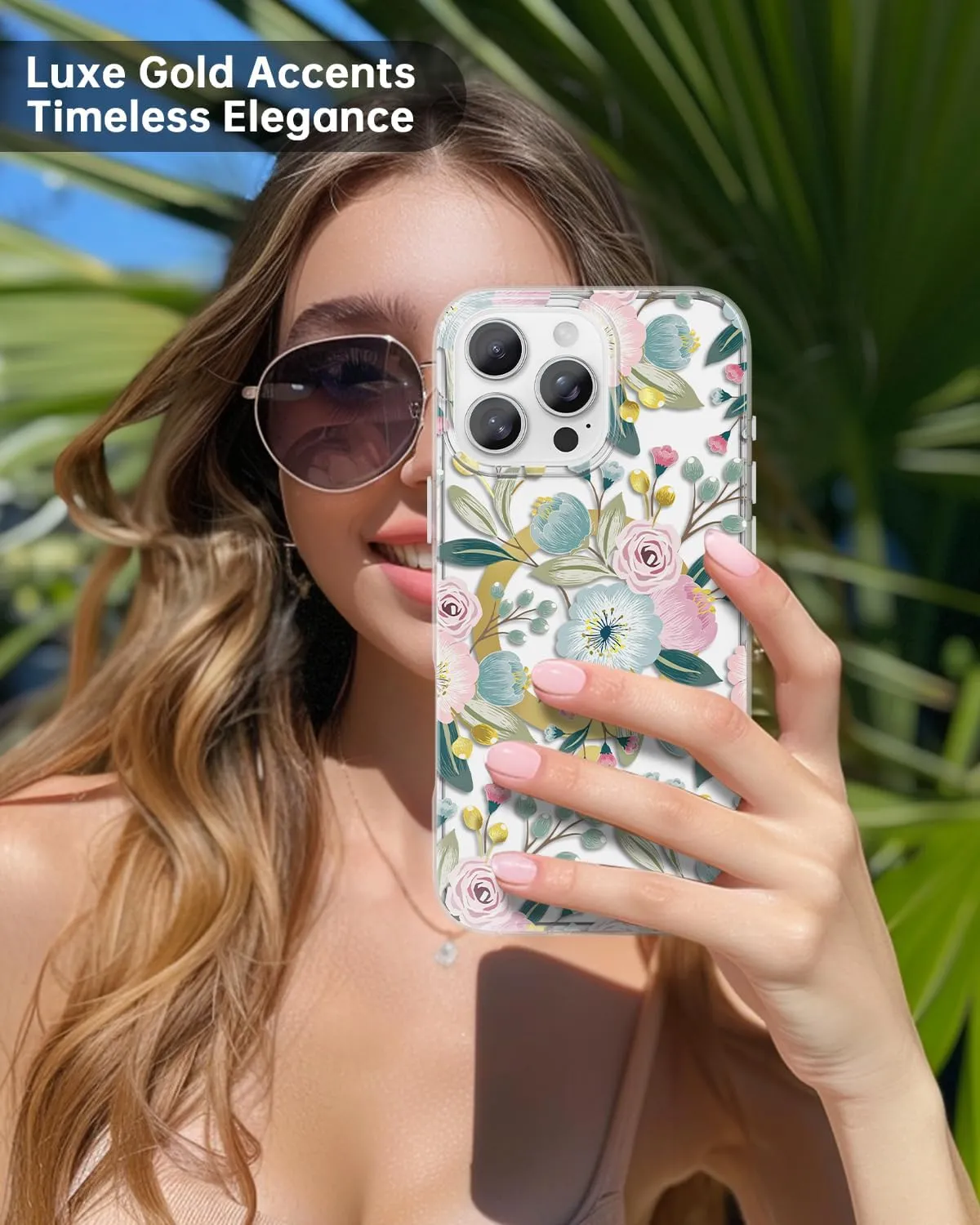 SCORPIFY for iPhone 16 Pro Case [Compatible with MagSafe] with Hibiscus Floral Design, Cute Clear Flower Magnetic Phone Cover for Women Girls, [Non Yellowing] Slim Bumper with Gold Accents