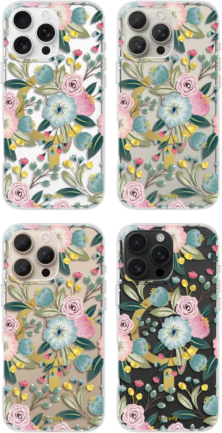 SCORPIFY for iPhone 16 Pro Case [Compatible with MagSafe] with Hibiscus Floral Design, Cute Clear Flower Magnetic Phone Cover for Women Girls, [Non Yellowing] Slim Bumper with Gold Accents