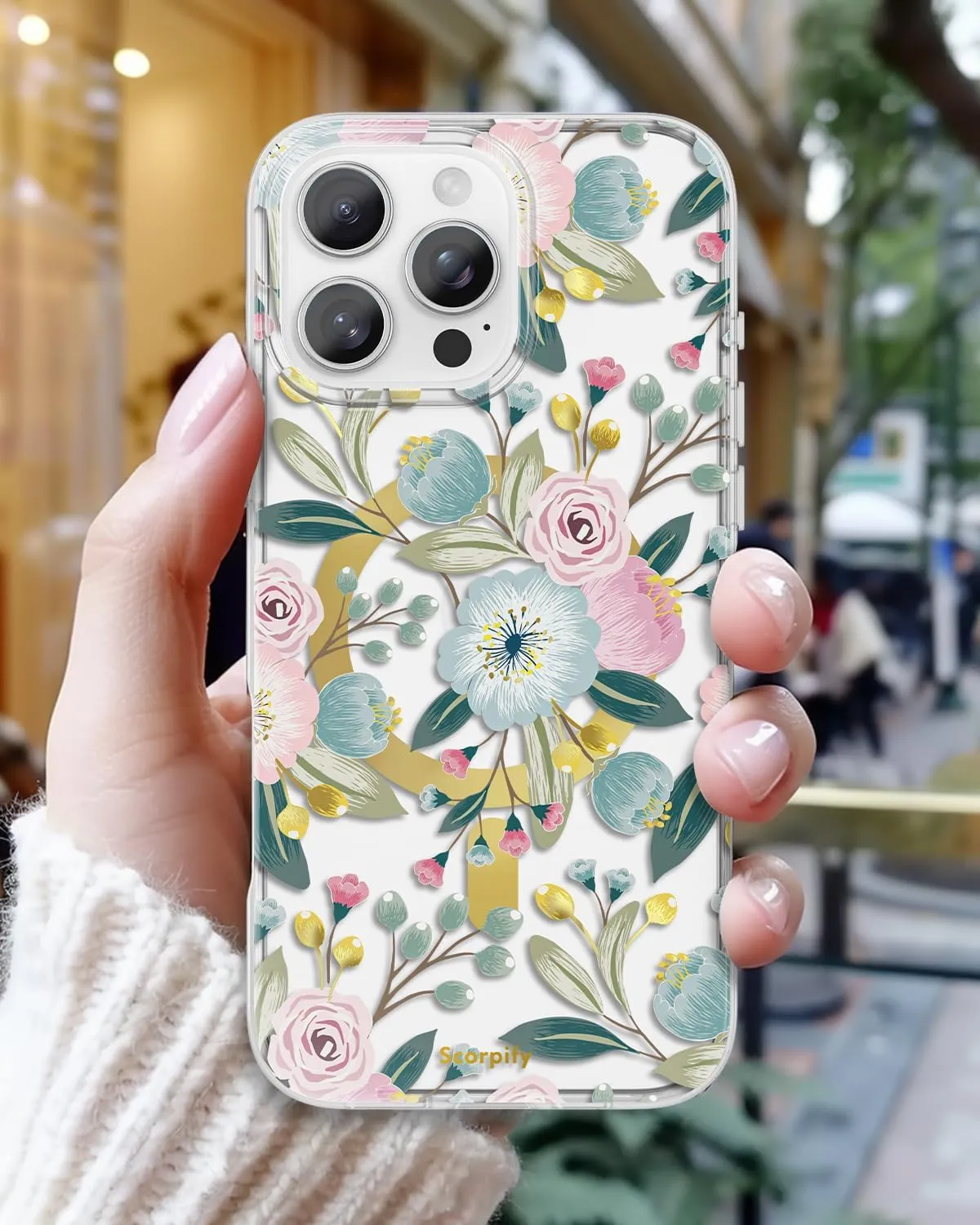 SCORPIFY for iPhone 16 Pro Case [Compatible with MagSafe] with Hibiscus Floral Design, Cute Clear Flower Magnetic Phone Cover for Women Girls, [Non Yellowing] Slim Bumper with Gold Accents