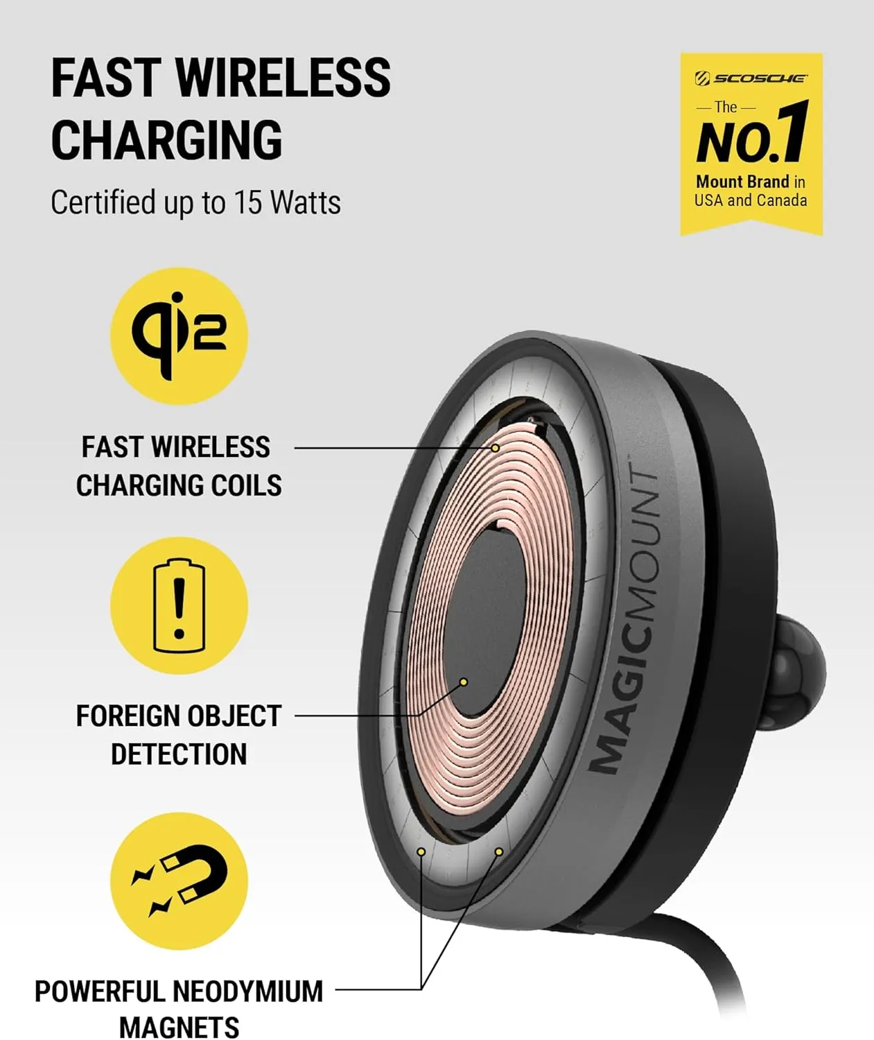 Scosche Charge Elite 3-in-1 Fast Wireless Charging Qi2 MagSafe Car Mount Charger, 15W Magnetic Cell Phone Holder for Dash/Vent/Back of Display, Tesla Phone Mount Compatible with iPhone and Samsung