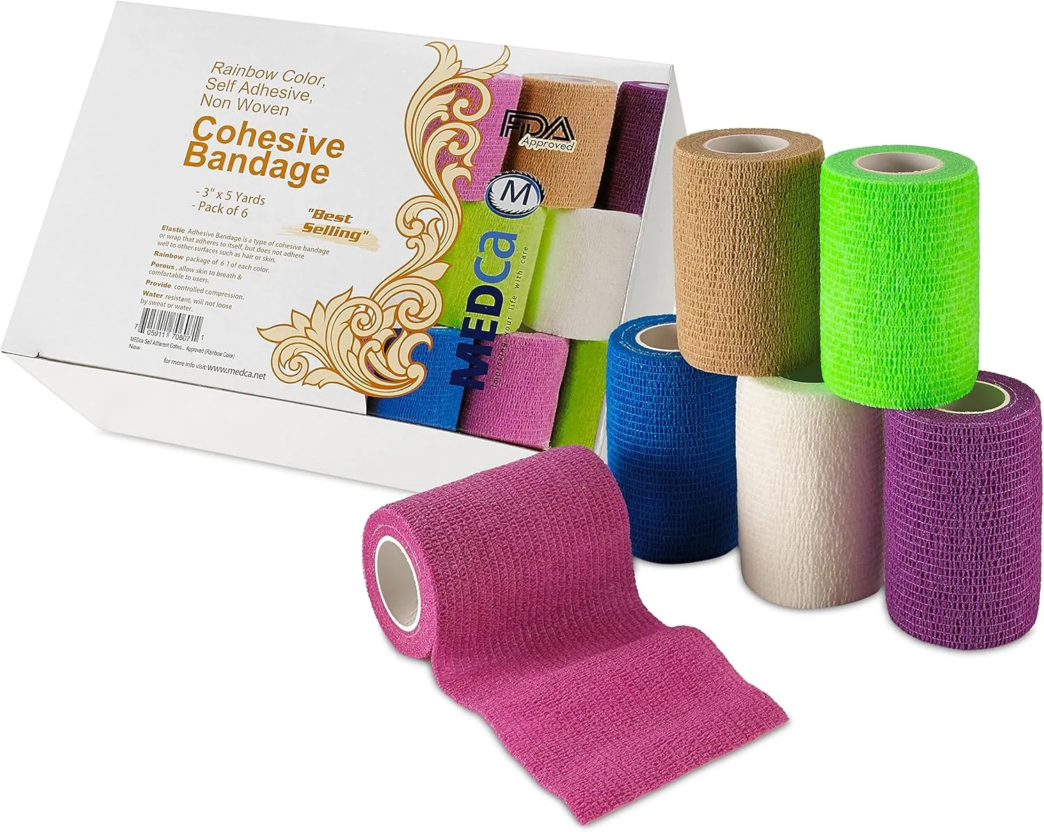 Self Adherent Wrap - Bulk Pack of 6, Athletic Tape Rolls and Sports Wraps, Self Cohesive Non-Woven Adhesive Bandage (3 in x 5 Yards) for Ankle Sprains & Swelling