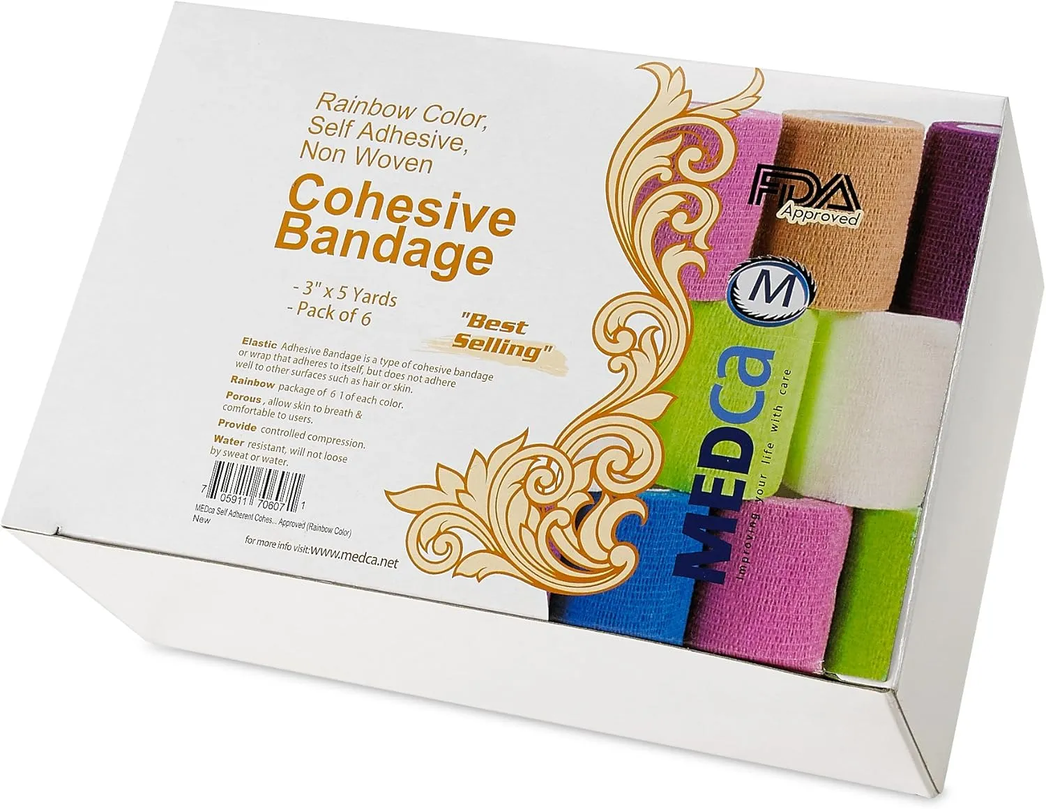 Self Adherent Wrap - Bulk Pack of 6, Athletic Tape Rolls and Sports Wraps, Self Cohesive Non-Woven Adhesive Bandage (3 in x 5 Yards) for Ankle Sprains & Swelling