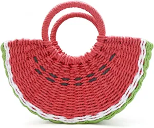 Semi-circle Rattan Watermelon Straw Handbags, Hand-woven Summer Fruit Shape Beach Straw Bag with Round Handle for Women (Red Watermelon)