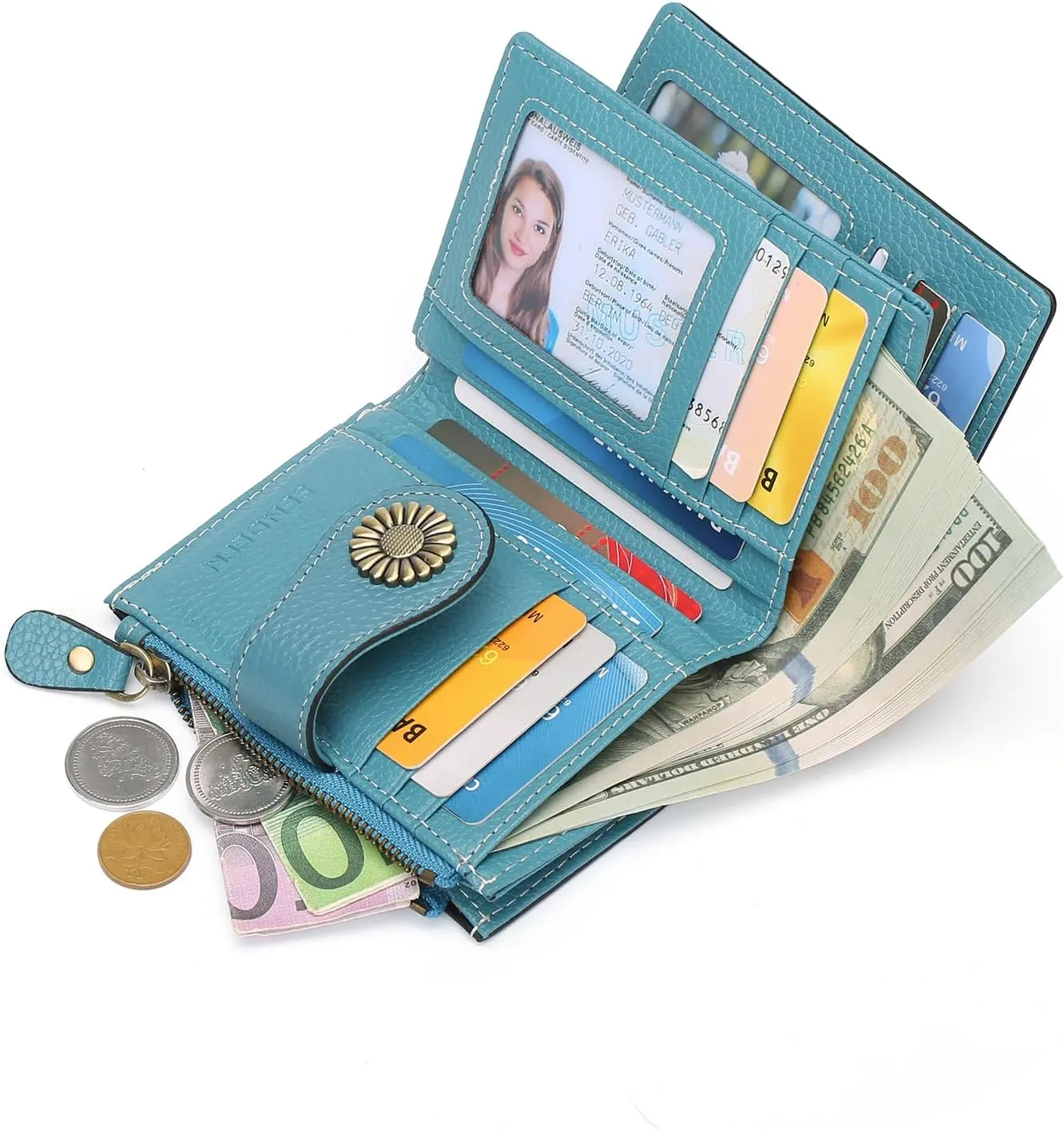 SENDEFN Small Wallets for Woman RFID Blocking Leather Bifold Credit Card Holder Purse with ID Window