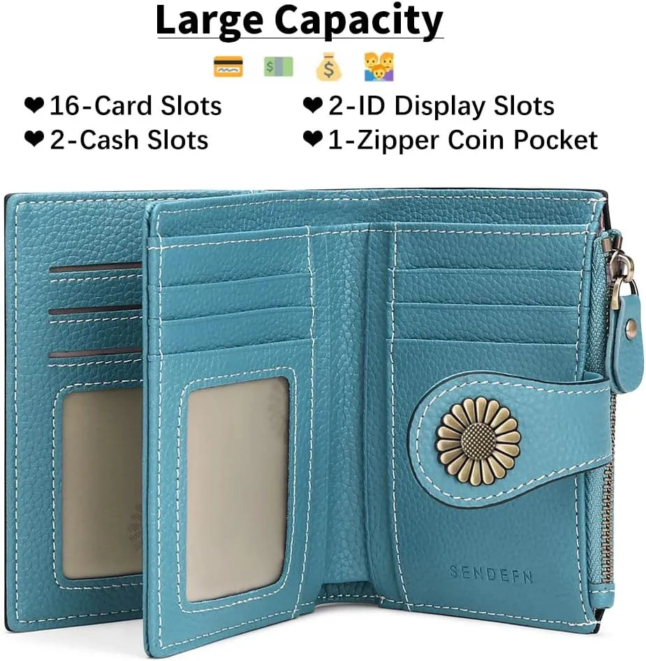 SENDEFN Small Wallets for Woman RFID Blocking Leather Bifold Credit Card Holder Purse with ID Window