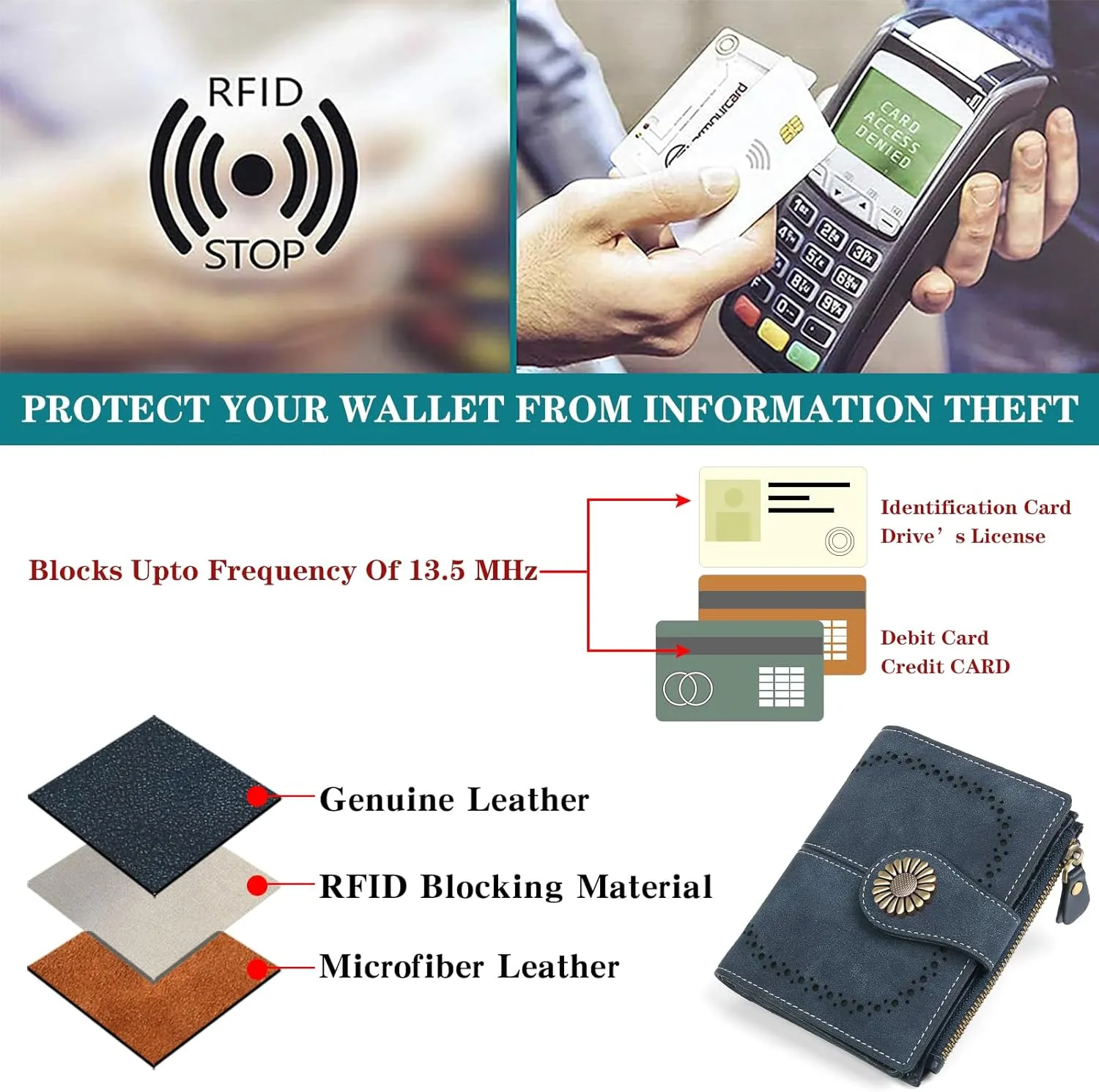 SENDEFN Small Wallets for Woman RFID Blocking Leather Bifold Credit Card Holder Purse with ID Window