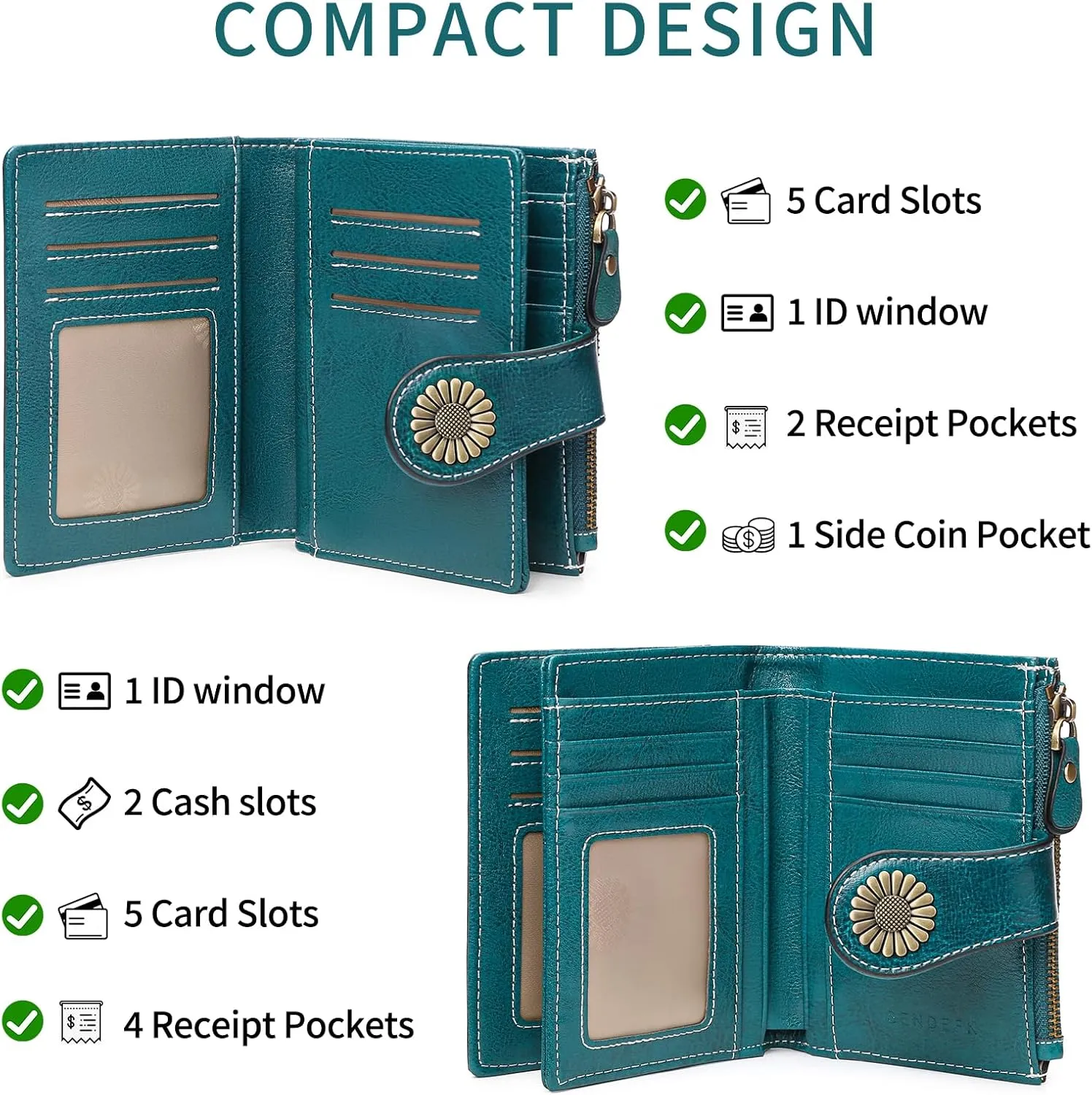 SENDEFN Small Womens Wallet Leather Bifold Card Holder RFID Blocking with Zipper Coin Pocket