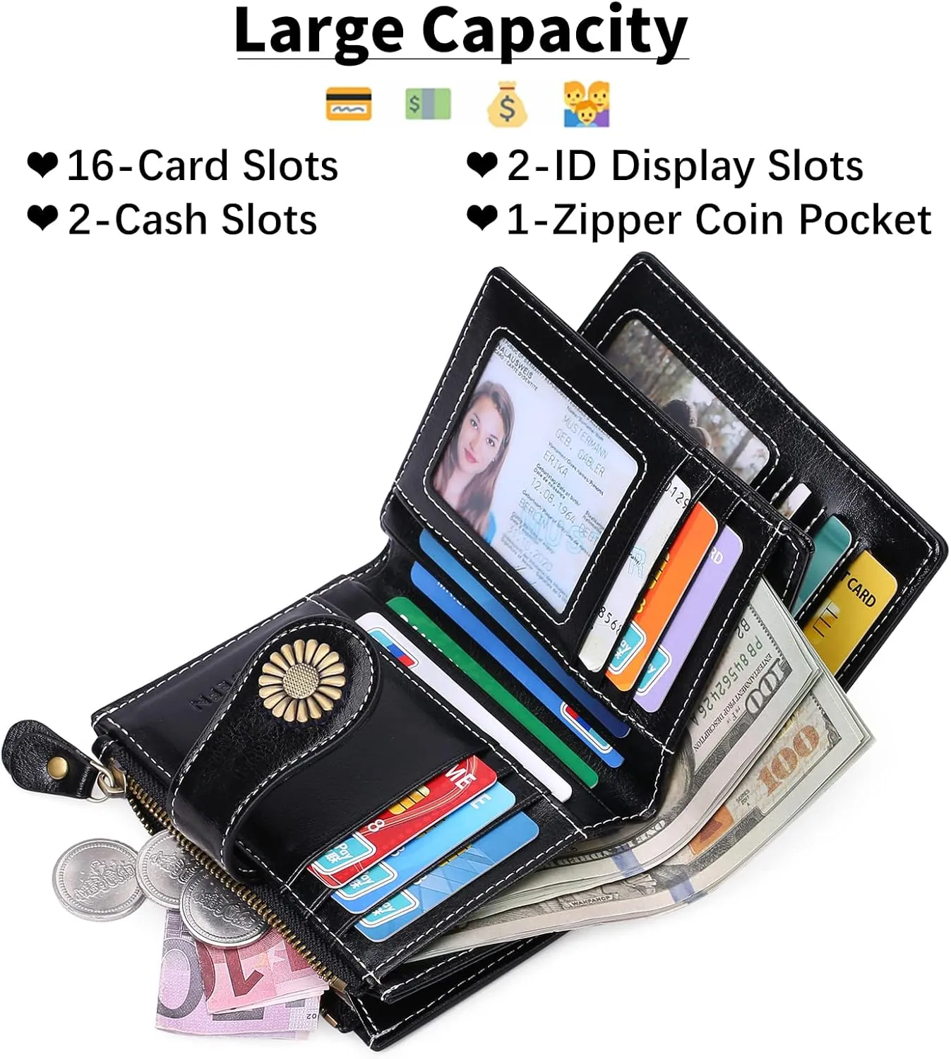 SENDEFN Small Womens Wallet Leather Bifold Card Holder RFID Blocking with Zipper Coin Pocket