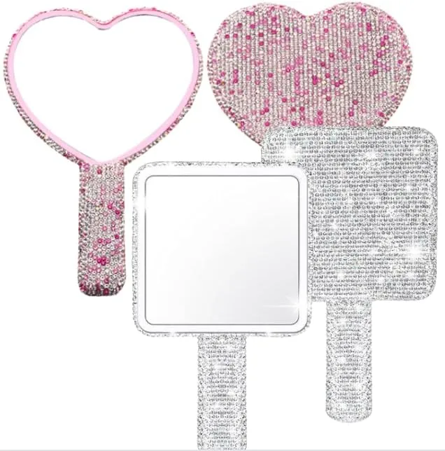 Set of 2 Handheld Handbag Mirrors - Pink Heart & Silver Square Rhinestone Encrusted, Durable Glass & Acrylic, Compact for Travel - Glamorous Beauty Accessory for Daily Use Home or Out