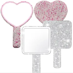 Set of 2 Handheld Handbag Mirrors - Pink Heart & Silver Square Rhinestone Encrusted, Durable Glass & Acrylic, Compact for Travel - Glamorous Beauty Accessory for Daily Use Home or Out