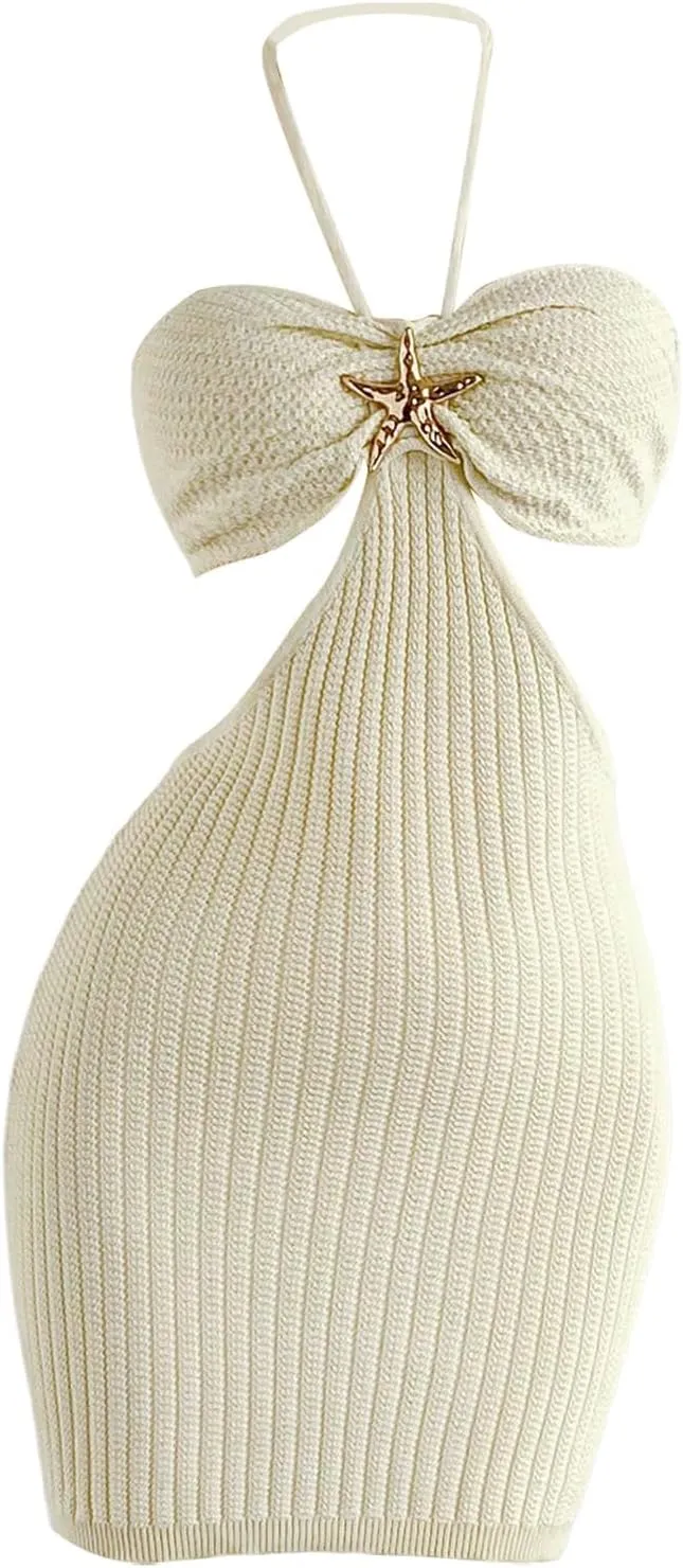 SHENHE Women's Cut Out Backless Tie Halter Neck Knitted Bodycon Sexy Beach Mini Dress